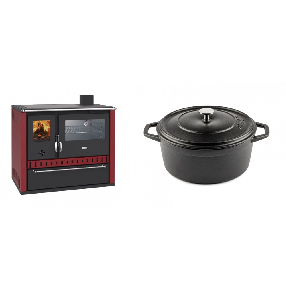 Set Küchenofen / Küchenhexe Prity GT Rot, mit Edelstahl-Backofen und Schublade, 15 kW + Gusseisen Topf Tiefer Solagio, Black Onyx, Ф24 | Kaminofen - Holzofen mit Backfach | Kaminofen |