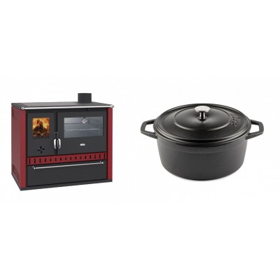Set Küchenofen / Küchenhexe Prity GT Rot, mit Edelstahl-Backofen und Schublade, 15 kW + Gusseisen Topf Tiefer Solagio, Black Onyx, Ф24 - Kaminofen - Holzofen mit Backfach