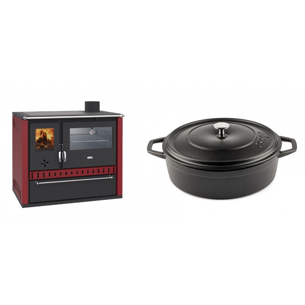 Set Küchenofen / Küchenhexe Prity GT Rot, mit Edelstahl-Backofen und Schublade, 15 kW + Gusseisen Topf Flach Solagio, Black Onyx, Ф28 | Kaminofen - Holzofen mit Backfach | Kaminofen |