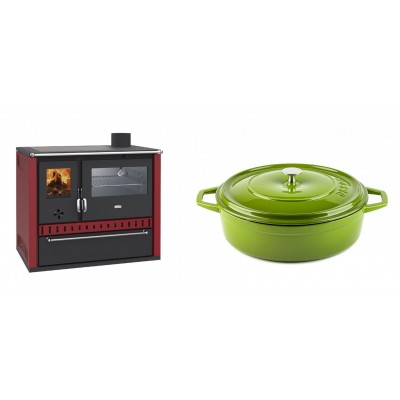 Set Küchenofen / Küchenhexe Prity GT Rot, mit Edelstahl-Backofen und Schublade, 15 kW + Gusseisen Topf Flach Solagio, Bamboo, Ф28 - Kaminofen - Holzofen mit Backfach