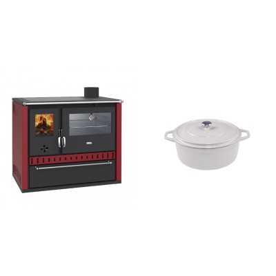 Set Küchenofen / Küchenhexe Prity GT Rot, mit Edelstahl-Backofen und Schublade, 15 kW + Gusseisen Topf Tiefer Solagio, Ivory, Ф12 - Kaminofen - Holzofen mit Backfach