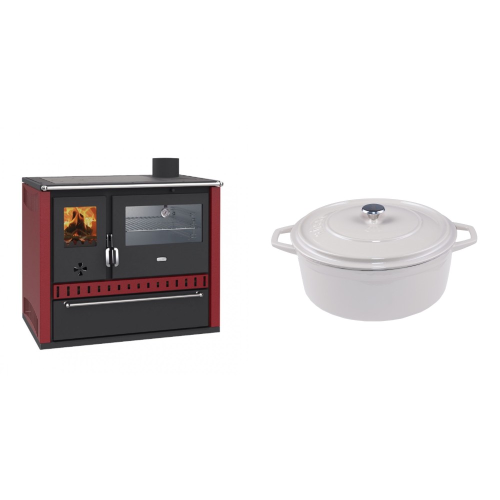 Set Küchenofen / Küchenhexe Prity GT Rot, mit Edelstahl-Backofen und Schublade, 15 kW + Gusseisen Topf Tiefer Solagio, Ivory, Ф24 | Kaminofen - Holzofen mit Backfach | Kaminofen |