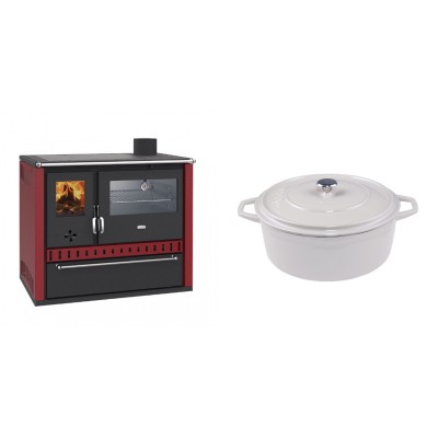 Set Küchenofen / Küchenhexe Prity GT Rot, mit Edelstahl-Backofen und Schublade, 15 kW + Gusseisen Topf Tiefer Solagio, Ivory, Ф24 - Kaminofen - Holzofen mit Backfach