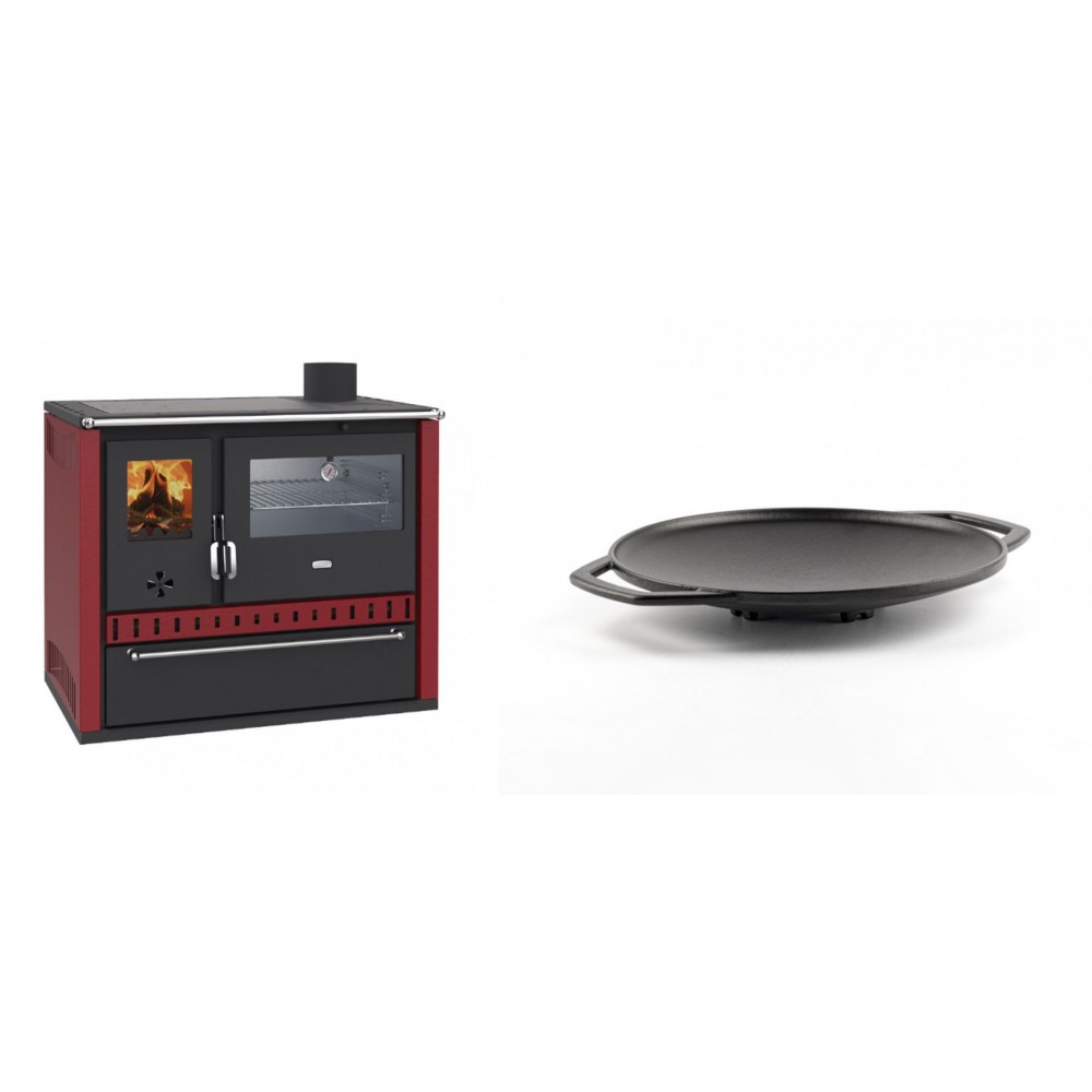 Set Küchenofen / Küchenhexe Prity GT Rot, mit Edelstahl-Backofen und Schublade, 15 kW + Backplatte aus Gusseisen Solagio, Ф28cm