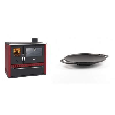 Set Küchenofen / Küchenhexe Prity GT Rot, mit Edelstahl-Backofen und Schublade, 15 kW + Backplatte aus Gusseisen Solagio, Ф28cm - Kaminofen - Holzofen mit Backfach