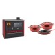 Set Küchenofen / Küchenhexe Prity GT Rot, mit Edelstahl-Backofen und Schublade, 15 kW + Gusseisen Topf Set aus 3 teilen Solagio, Rubin | Kaminofen - Holzofen mit Backfach | Kaminofen |