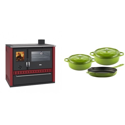 Set Küchenofen / Küchenhexe Prity GT Rot, mit Edelstahl-Backofen und Schublade, 15 kW + Gusseisen Topf Set aus 3 teilen Solagio, Bamboo - Kaminofen - Holzofen mit Backfach