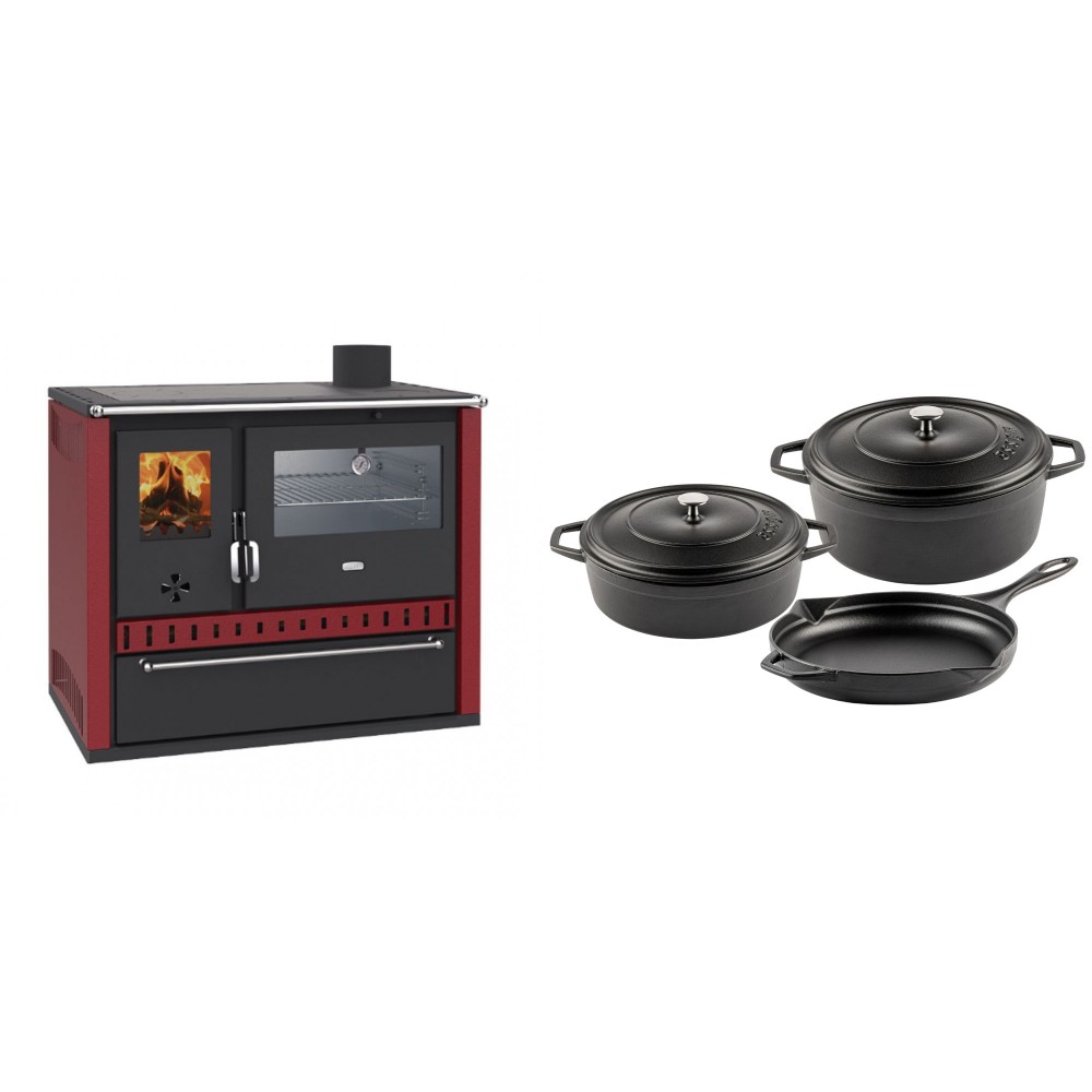 Set Küchenofen / Küchenhexe Prity GT Rot, mit Edelstahl-Backofen und Schublade, 15 kW + Gusseisen Topf Set aus 3 teilen Solagio, Black Onyx | Kaminofen - Holzofen mit Backfach | Kaminofen |