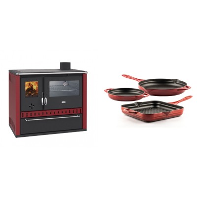 Set Küchenofen / Küchenhexe Prity GT Rot, mit Edelstahl-Backofen und Schublade, 15 kW + Gusseisen Topf Set aus 3 teilen Solagio, Rubin - Kaminofen - Holzofen mit Backfach