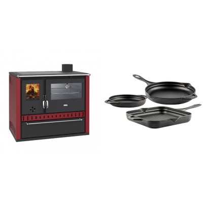 Set Küchenofen / Küchenhexe Prity GT Rot, mit Edelstahl-Backofen und Schublade, 15 kW + Gusseisen Topf Set aus 3 teilen Solagio, Black Onyx - Kaminofen - Holzofen mit Backfach
