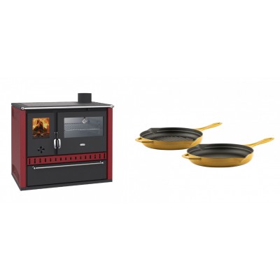 Set Küchenofen / Küchenhexe Prity GT Rot, mit Edelstahl-Backofen und Schublade, 15 kW + Gusseisen Topf Set aus 2 teilen Solagio, Dijon - Kaminofen - Holzofen mit Backfach