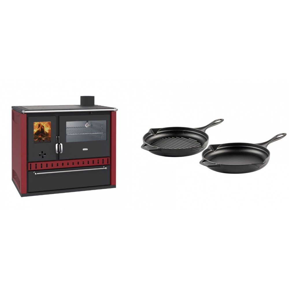 Set Küchenofen / Küchenhexe Prity GT Rot, mit Edelstahl-Backofen und Schublade, 15 kW + Gusseisen Topf Set aus 2 teilen Solagio, Black Onyx | Kaminofen - Holzofen mit Backfach | Kaminofen |