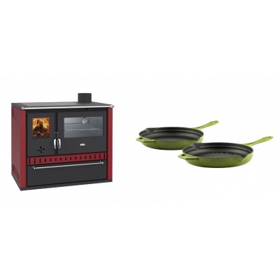 Set Küchenofen / Küchenhexe Prity GT Rot, mit Edelstahl-Backofen und Schublade, 15 kW + Gusseisen Topf Set aus 2 teilen Solagio, Bamboo - Kaminofen - Holzofen mit Backfach