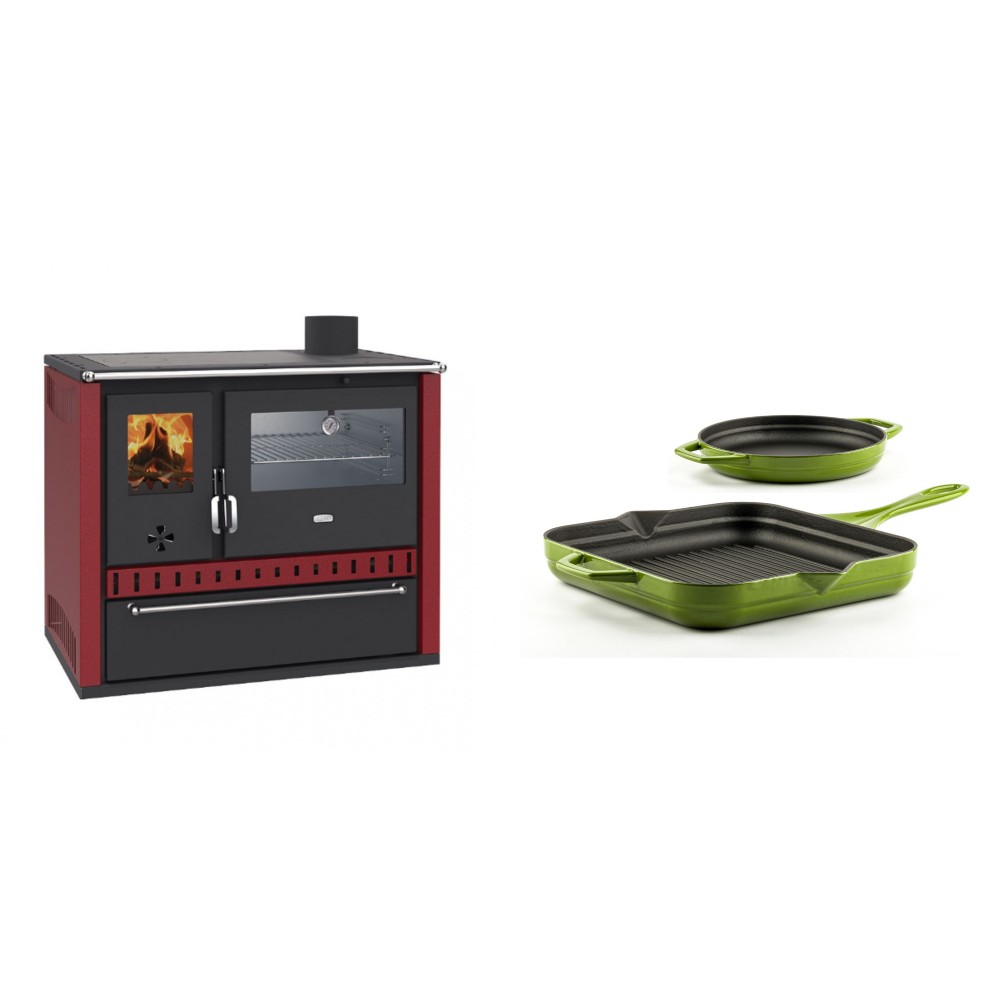 Set Küchenofen / Küchenhexe Prity GT Rot, mit Edelstahl-Backofen und Schublade, 15 kW + Gusseisen Topf Set aus 2 teilen Solagio, Bamboo | Kaminofen - Holzofen mit Backfach | Kaminofen |