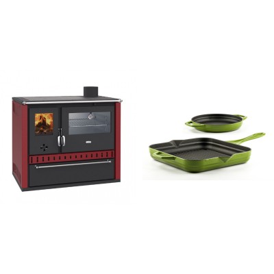 Set Küchenofen / Küchenhexe Prity GT Rot, mit Edelstahl-Backofen und Schublade, 15 kW + Gusseisen Topf Set aus 2 teilen Solagio, Bamboo - Kaminofen - Holzofen mit Backfach