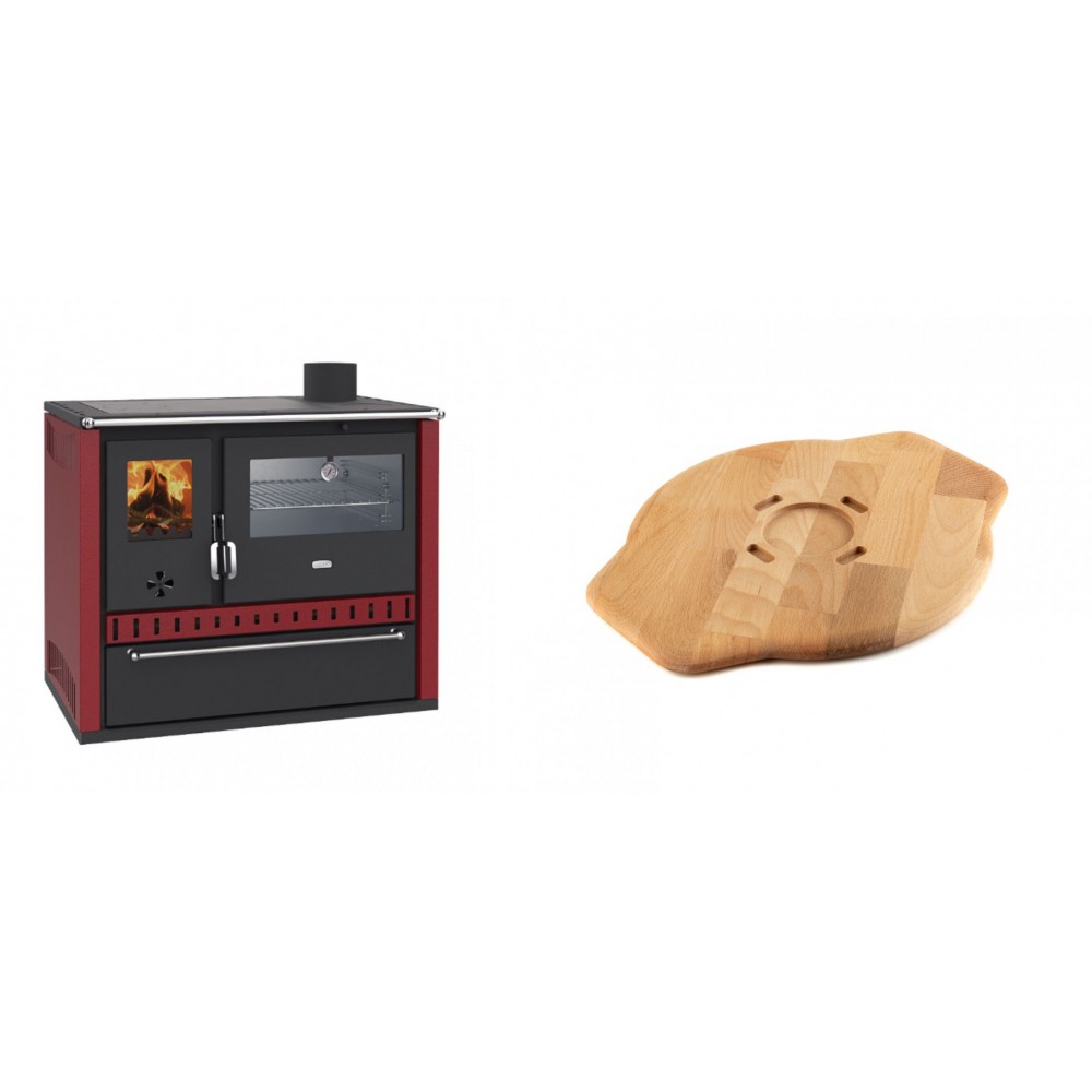 Set Küchenofen / Küchenhexe Prity GT Rot, mit Edelstahl-Backofen und Schublade, 15 kW + Holz untersetzer für Gusseisenplatte Solagio HSYSAK28