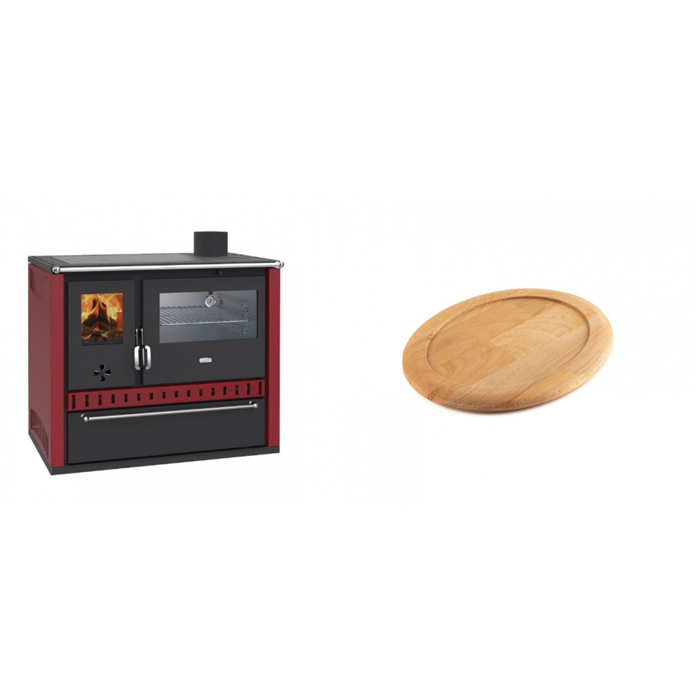 Set Küchenofen / Küchenhexe Prity GT Rot, mit Edelstahl-Backofen und Schublade, 15 kW + Holz untersetzer für ovale gusseisenpfanne Solagio HSFT1825 | Kaminofen - Holzofen mit Backfach | Kaminofen |