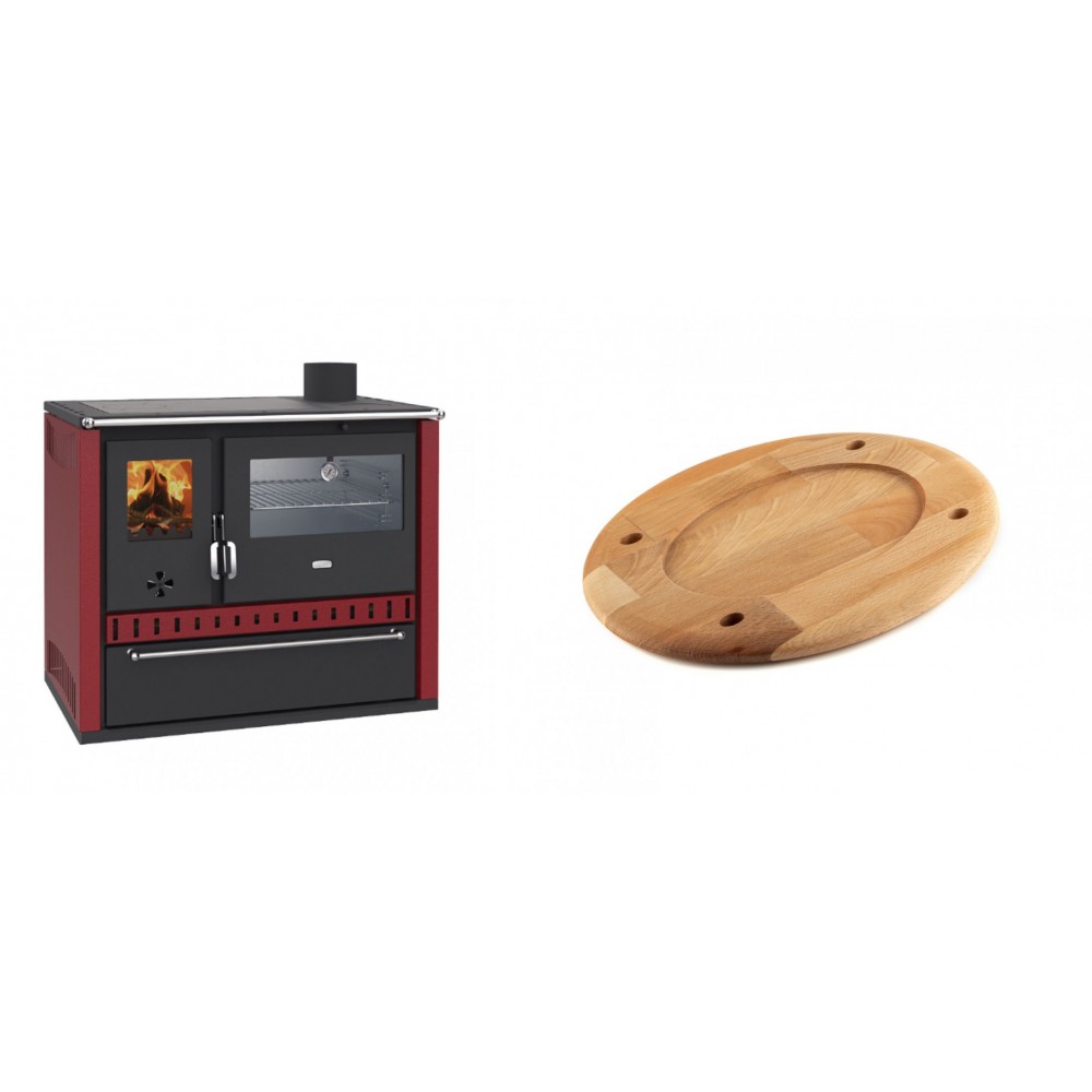 Set Küchenofen / Küchenhexe Prity GT Rot, mit Edelstahl-Backofen und Schublade, 15 kW + Holz untersetzer für ovale platte Solagio HSOISK2533, 25x33cm | Kaminofen - Holzofen mit Backfach | Kaminofen |