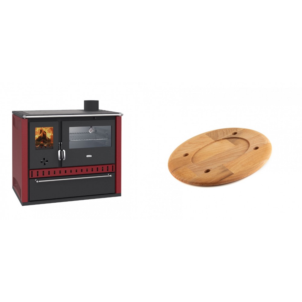 Set Küchenofen / Küchenhexe Prity GT Rot, mit Edelstahl-Backofen und Schublade, 15 kW + Holz untersetzer für ovale platte Solagio HSOISK1728, 17x28cm | Kaminofen - Holzofen mit Backfach | Kaminofen |