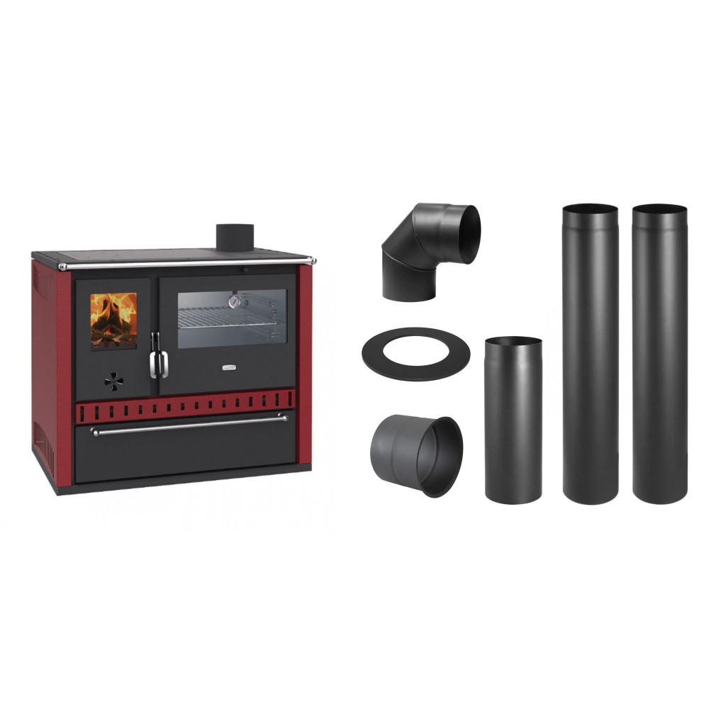 Set Küchenofen / Küchenhexe Wasserführend Prity GT W10 Rot, mit Edelstahl-Backofen, Stahlhobel und Schublade, 13.3 kW + Schornstein Bausatz PARKANEX, Stahl Ø150, Dicke 2mm | Kaminofen - Holzofen mit Backfach | Kaminofen |