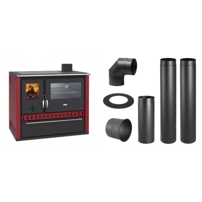 Set Küchenofen / Küchenhexe Wasserführend Prity GT W10 Rot, mit Edelstahl-Backofen, Stahlhobel und Schublade, 13.3 kW + Schornstein Bausatz PARKANEX, Stahl Ø150, Dicke 2mm - Kaminofen - Holzofen mit Backfach