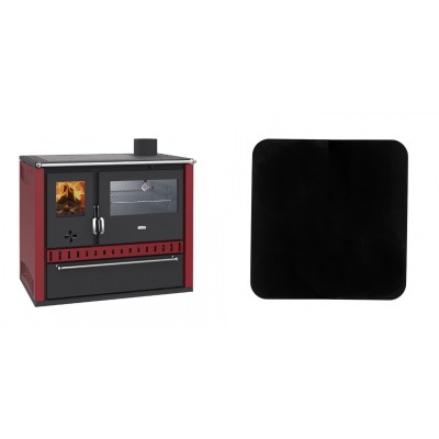 Set Küchenofen / Küchenhexe Wasserführend Prity GT W10 Rot, mit Edelstahl-Backofen, Stahlhobel und Schublade, 13.3 kW + Funkenschutzplatte Stahl 2mm, Größe 98x98cm - Kaminofen - Holzofen mit Backfach