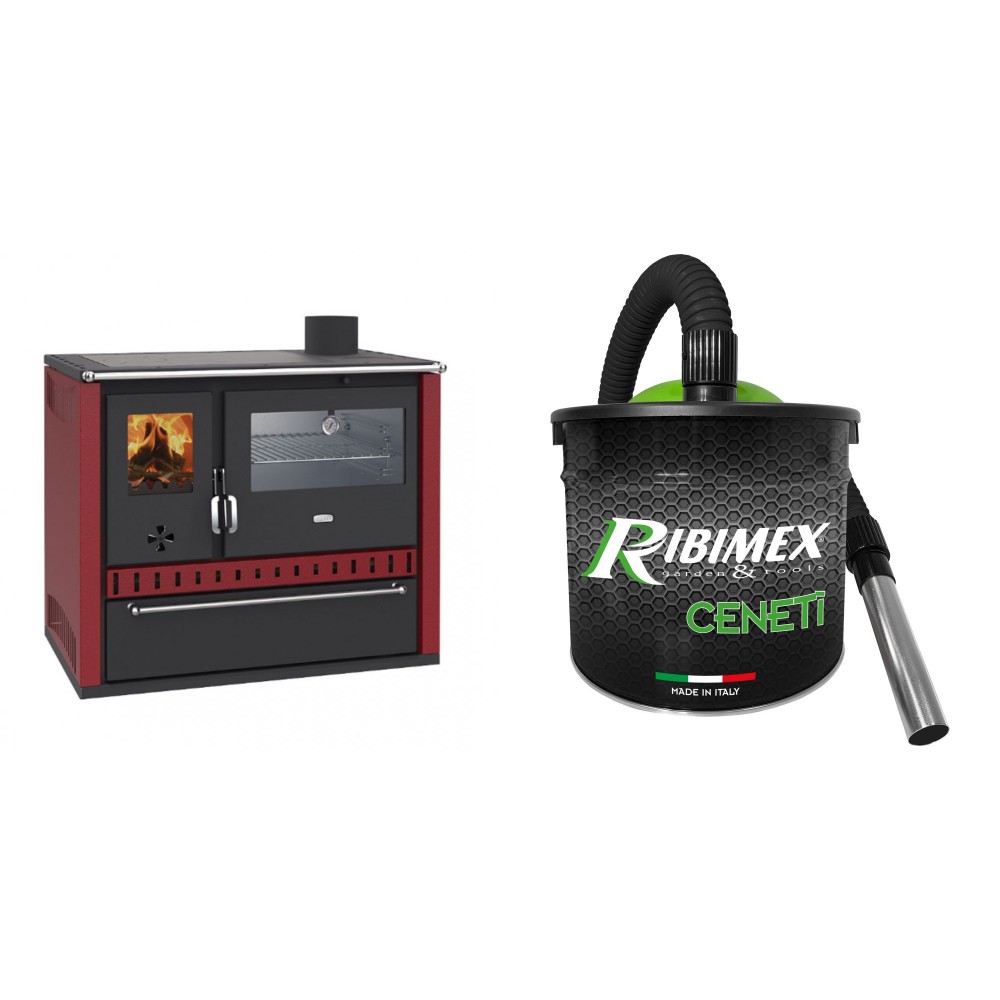 Set Küchenofen / Küchenhexe Wasserführend Prity GT W10 Rot, mit Edelstahl-Backofen, Stahlhobel und Schublade, 13.3 kW + Elektrischer Aschesauger Ribimex, Modell Cenetì, Fassungsvermögen 15 L