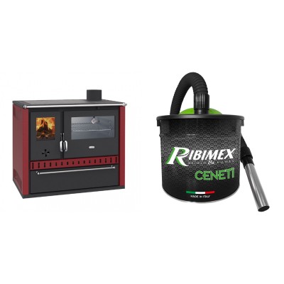 Set Küchenofen / Küchenhexe Wasserführend Prity GT W10 Rot, mit Edelstahl-Backofen, Stahlhobel und Schublade, 13.3 kW + Elektrischer Aschesauger Ribimex, Modell Cenetì, Fassungsvermögen 15 L - Kaminofen - Holzofen mit Backfach