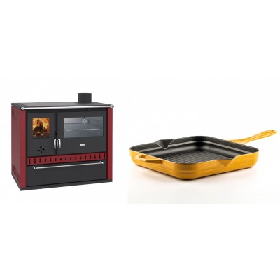Set Küchenofen / Küchenhexe Wasserführend Prity GT W10 Rot, mit Edelstahl-Backofen, Stahlhobel und Schublade, 13.3 kW + Emaillierte grillpfanne Gusseisen Solagio, Dijon, 28х28cm - Kaminofen - Holzofen mit Backfach