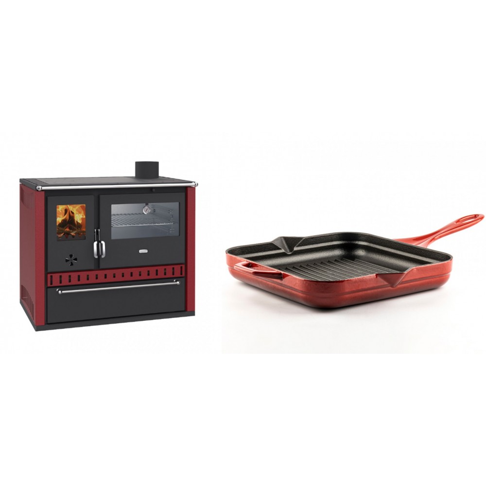 Set Küchenofen / Küchenhexe Wasserführend Prity GT W10 Rot, mit Edelstahl-Backofen, Stahlhobel und Schublade, 13.3 kW + Emaillierte grillpfanne Gusseisen Solagio, Rubin, 28x28cm | Kaminofen - Holzofen mit Backfach | Kaminofen |