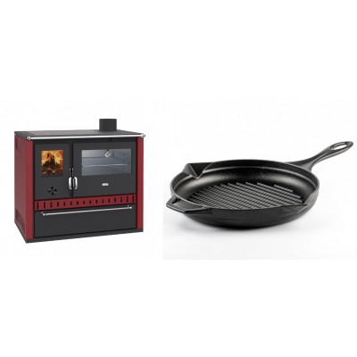 Set Küchenofen / Küchenhexe Wasserführend Prity GT W10 Rot, mit Edelstahl-Backofen, Stahlhobel und Schublade, 13.3 kW + Emaillierte grillpfanne Gusseisen Solagio, Black Onyx, Ф28cm - Kaminofen - Holzofen mit Backfach