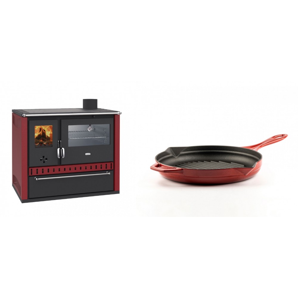 Set Küchenofen / Küchenhexe Wasserführend Prity GT W10 Rot, mit Edelstahl-Backofen, Stahlhobel und Schublade, 13.3 kW + Emaillierte grillpfanne Gusseisen Solagio, Rubin, Ф24cm | Kaminofen - Holzofen mit Backfach | Kaminofen |