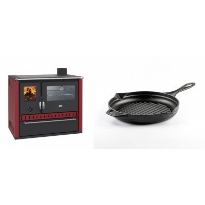 Set Küchenofen / Küchenhexe Wasserführend Prity GT W10 Rot, mit Edelstahl-Backofen, Stahlhobel und Schublade, 13.3 kW + Emaillierte grillpfanne Gusseisen Solagio, Black Onyx, Ф24cm - Kaminofen - Holzofen mit Backfach