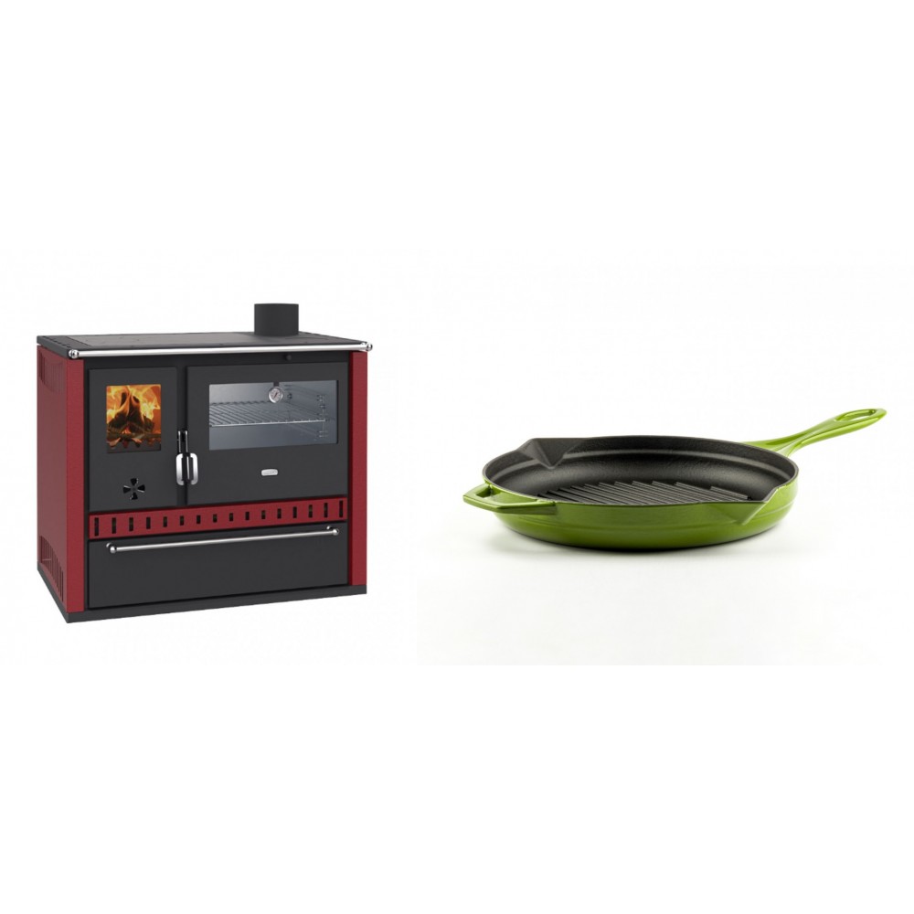 Set Küchenofen / Küchenhexe Wasserführend Prity GT W10 Rot, mit Edelstahl-Backofen, Stahlhobel und Schublade, 13.3 kW + Emaillierte grillpfanne Gusseisen Solagio, Bamboo, Ф24cm | Kaminofen - Holzofen mit Backfach | Kaminofen |