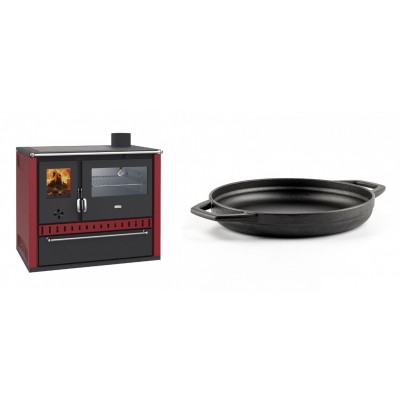Set Küchenofen / Küchenhexe Wasserführend Prity GT W10 Rot, mit Edelstahl-Backofen, Stahlhobel und Schublade, 13.3 kW + Emaillierte gusseisenpfanne mit zwei Griffen Solagio, Black Onyx, Ф22cm - Kaminofen - Holzofen mit Backfach