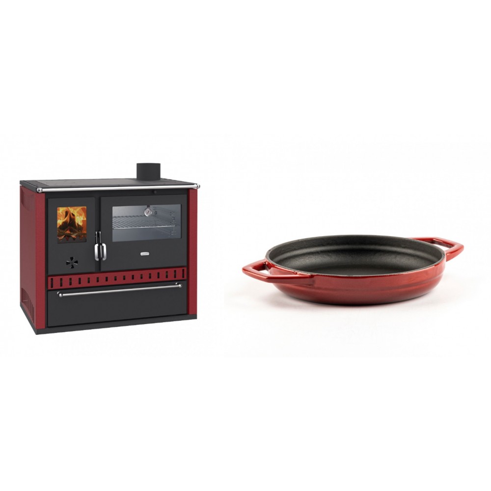 Set Küchenofen / Küchenhexe Wasserführend Prity GT W10 Rot, mit Edelstahl-Backofen, Stahlhobel und Schublade, 13.3 kW + Emaillierte gusseisenpfanne mit zwei Griffen Solagio, Rubin, Ф19cm