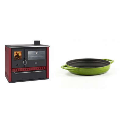 Set Küchenofen / Küchenhexe Wasserführend Prity GT W10 Rot, mit Edelstahl-Backofen, Stahlhobel und Schublade, 13.3 kW + Emaillierte gusseisenpfanne mit zwei Griffen Solagio, Bamboo, Ф19cm - Kaminofen - Holzofen mit Backfach