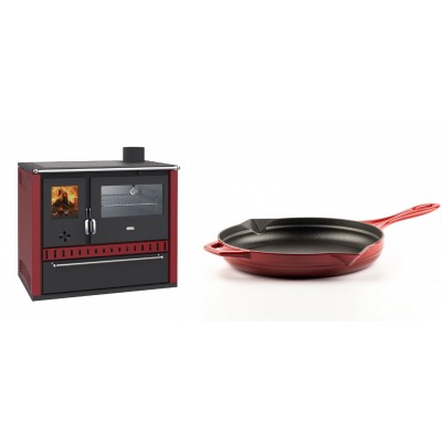 Set Küchenofen / Küchenhexe Wasserführend Prity GT W10 Rot, mit Edelstahl-Backofen, Stahlhobel und Schublade, 13.3 kW + Emaillierte Gusseisenpfanne Solagio, Rubin, Ф28cm - Kaminofen - Holzofen mit Backfach