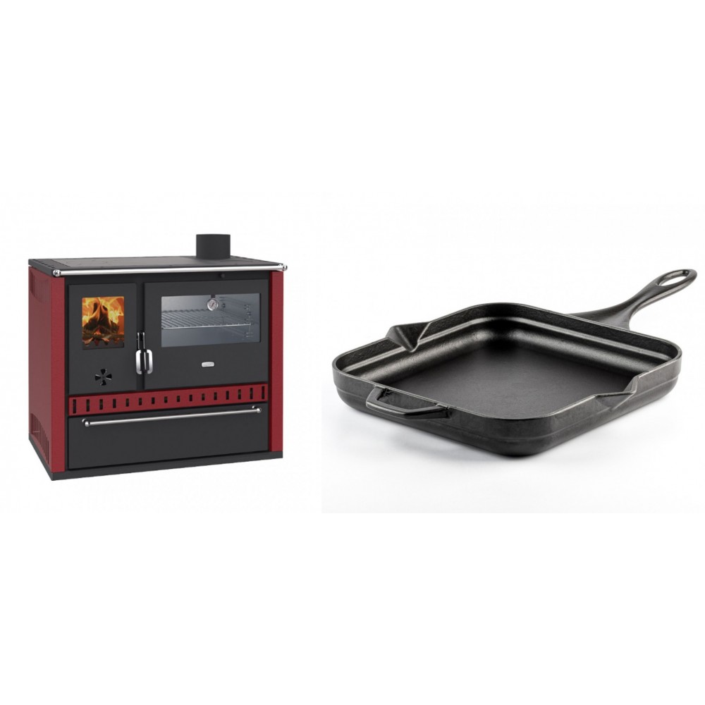 Set Küchenofen / Küchenhexe Wasserführend Prity GT W10 Rot, mit Edelstahl-Backofen, Stahlhobel und Schublade, 13.3 kW + Emaillierte Gusseisenpfanne Solagio, Black Onyx, 28x28cm | Kaminofen - Holzofen mit Backfach | Kaminofen |