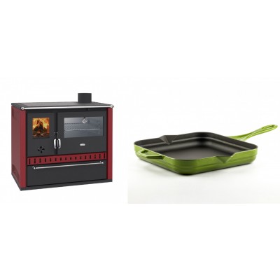 Set Küchenofen / Küchenhexe Wasserführend Prity GT W10 Rot, mit Edelstahl-Backofen, Stahlhobel und Schublade, 13.3 kW + Emaillierte Gusseisenpfanne Solagio, Bamboo, 28x28cm - Kaminofen - Holzofen mit Backfach