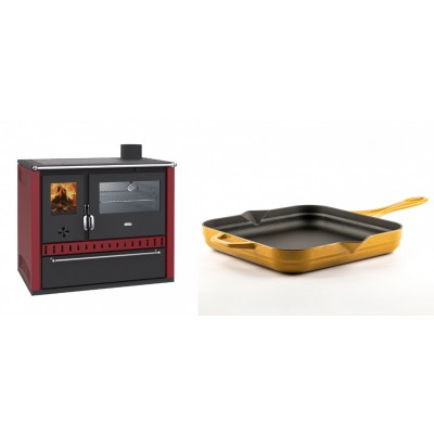 Set Küchenofen / Küchenhexe Wasserführend Prity GT W10 Rot, mit Edelstahl-Backofen, Stahlhobel und Schublade, 13.3 kW + Emaillierte Gusseisenpfanne Solagio, Dijon, 28x28cm - Kaminofen - Holzofen mit Backfach