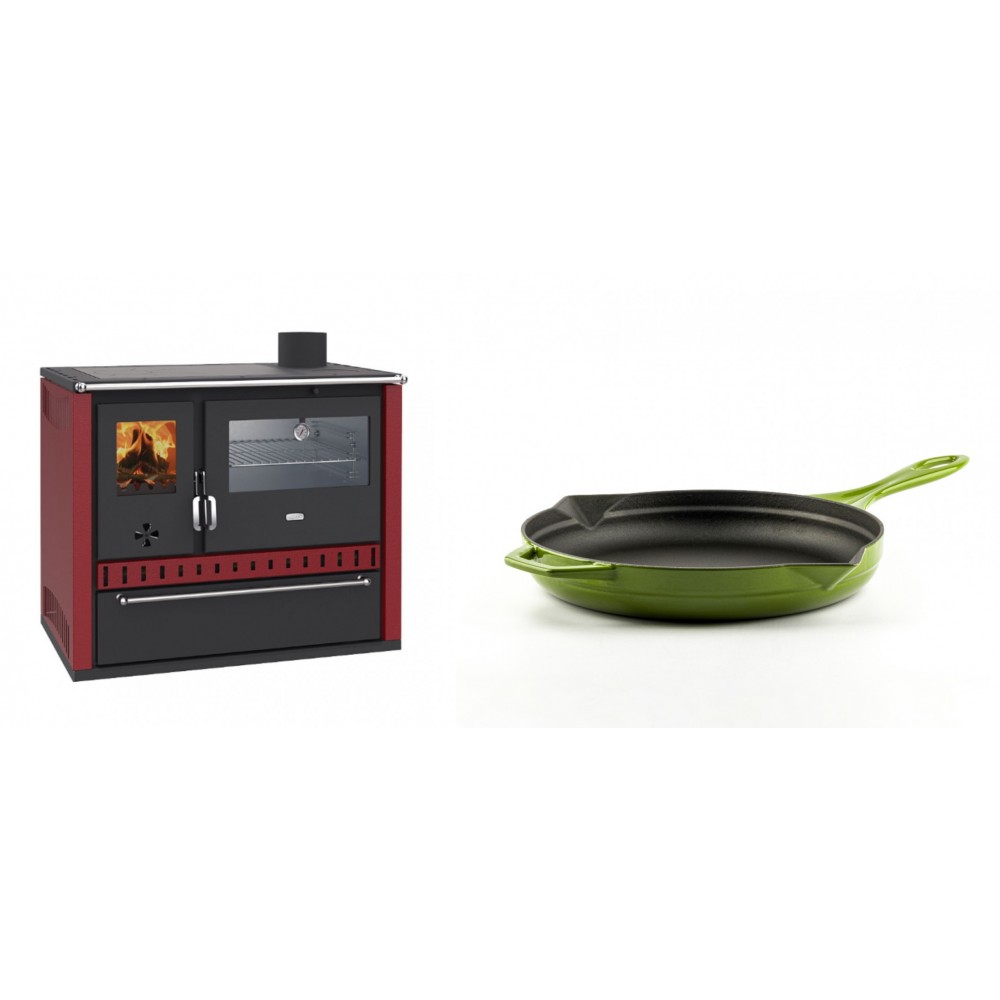 Set Küchenofen / Küchenhexe Wasserführend Prity GT W10 Rot, mit Edelstahl-Backofen, Stahlhobel und Schublade, 13.3 kW + Emaillierte Gusseisenpfanne Solagio, Bamboo, Ф24cm | Kaminofen - Holzofen mit Backfach | Kaminofen |
