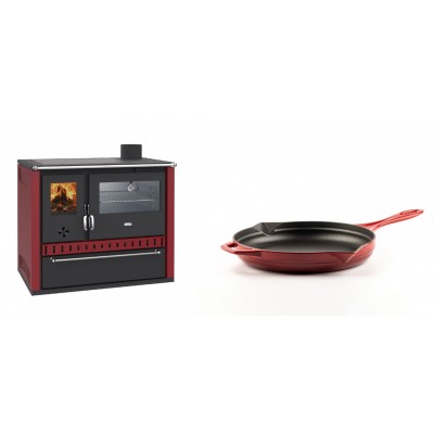 Set Küchenofen / Küchenhexe Wasserführend Prity GT W10 Rot, mit Edelstahl-Backofen, Stahlhobel und Schublade, 13.3 kW + Emaillierte Gusseisenpfanne Solagio, Rubin, Ф24cm - Kaminofen - Holzofen mit Backfach