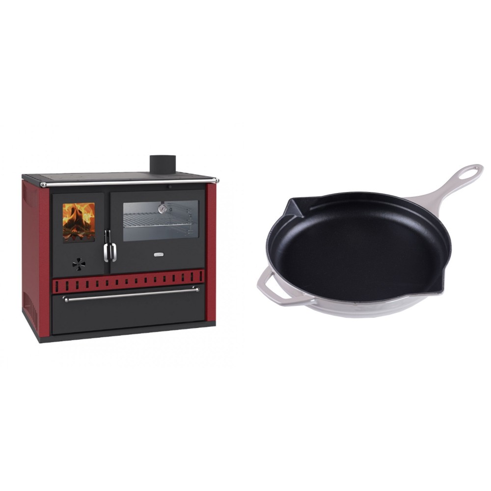 Set Küchenofen / Küchenhexe Wasserführend Prity GT W10 Rot, mit Edelstahl-Backofen, Stahlhobel und Schublade, 13.3 kW + Emaillierte Gusseisenpfanne Solagio, Ivory, Ф28cm | Kaminofen - Holzofen mit Backfach | Kaminofen |