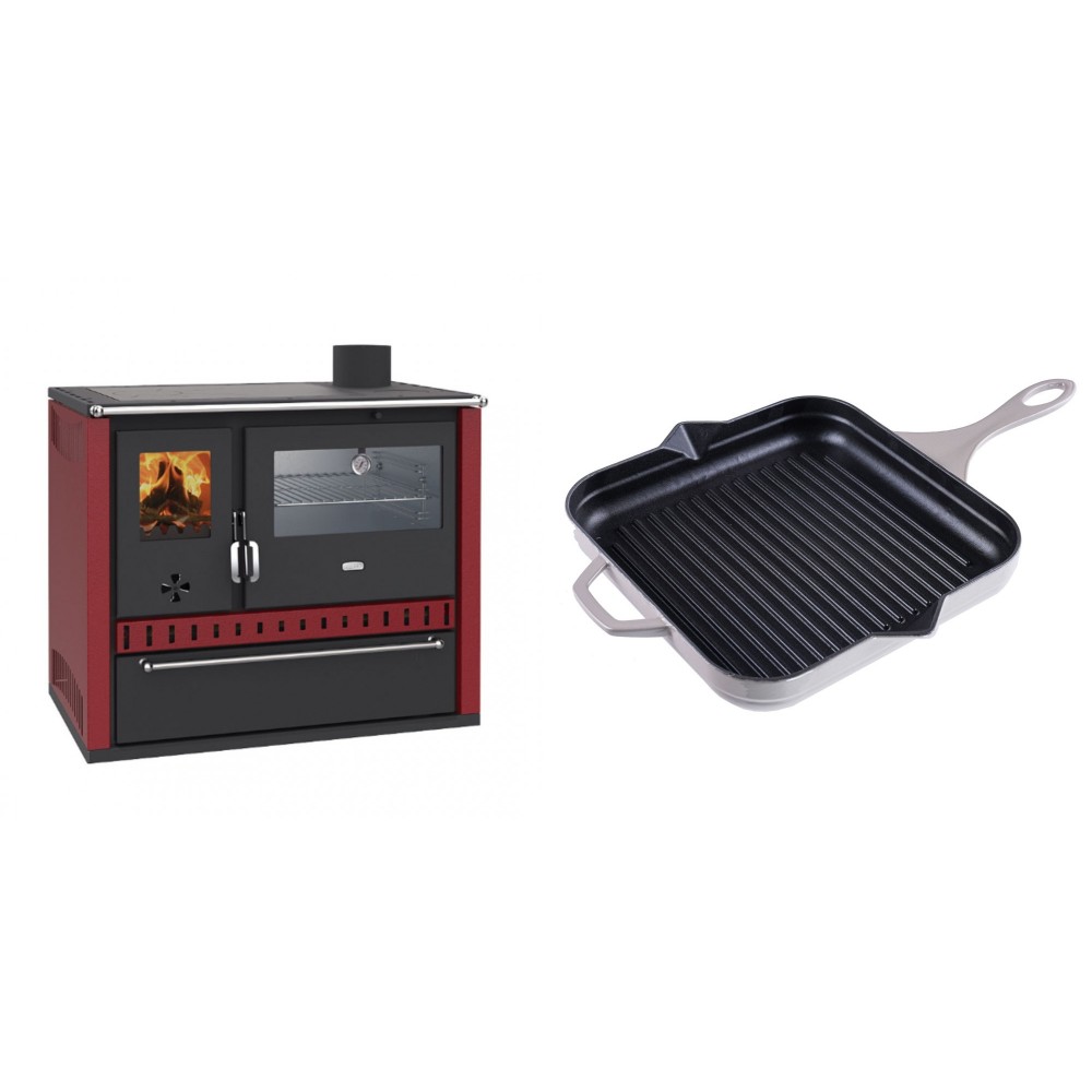 Set Küchenofen / Küchenhexe Wasserführend Prity GT W10 Rot, mit Edelstahl-Backofen, Stahlhobel und Schublade, 13.3 kW + Emaillierte grillpfanne Gusseisen Solagio, Ivory, 28x28cm