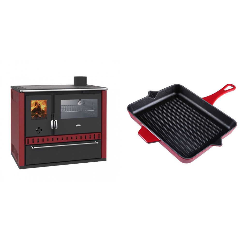 Set Küchenofen / Küchenhexe Wasserführend Prity GT W10 Rot, mit Edelstahl-Backofen, Stahlhobel und Schublade, 13.3 kW + Emaillierte grillpfanne Gusseisen Solagio, Rubin, 26x32cm | Kaminofen - Holzofen mit Backfach | Kaminofen |