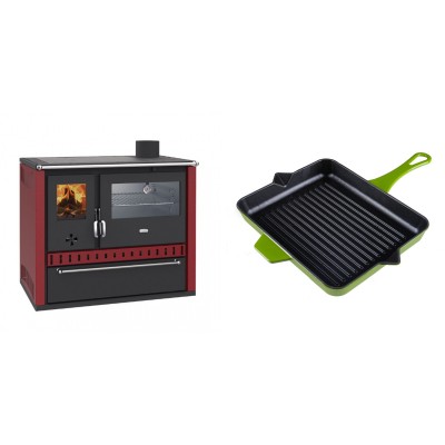 Set Küchenofen / Küchenhexe Wasserführend Prity GT W10 Rot, mit Edelstahl-Backofen, Stahlhobel und Schublade, 13.3 kW + Emaillierte grillpfanne Gusseisen Solagio, Bamboo, 26x32cm - Kaminofen - Holzofen mit Backfach