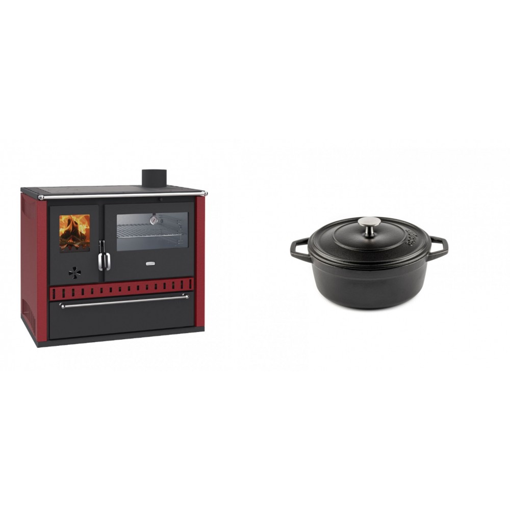 Set Küchenofen / Küchenhexe Wasserführend Prity GT W10 Rot, mit Edelstahl-Backofen, Stahlhobel und Schublade, 13.3 kW + Gusseisen Topf Tiefer Solagio, Black Onyx, Ф12