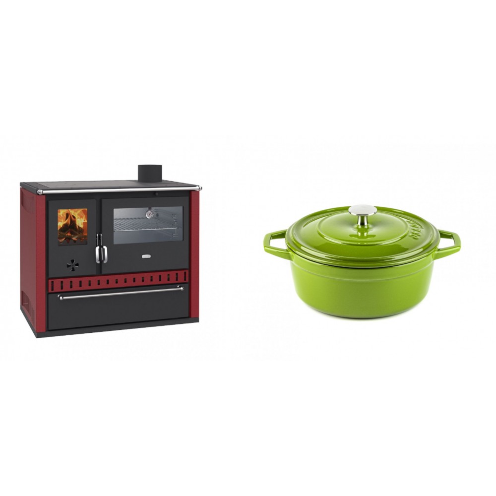 Set Küchenofen / Küchenhexe Wasserführend Prity GT W10 Rot, mit Edelstahl-Backofen, Stahlhobel und Schublade, 13.3 kW + Gusseisen Topf Tiefer Solagio, Bamboo, Ф20