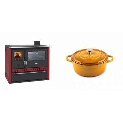 Set Küchenofen / Küchenhexe Wasserführend Prity GT W10 Rot, mit Edelstahl-Backofen, Stahlhobel und Schublade, 13.3 kW + Gusseisen Topf Tiefer Solagio, Dijon, Ф20 - Kaminofen - Holzofen mit Backfach